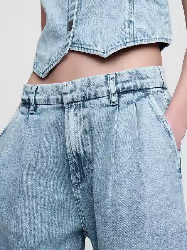 365 High Rise Ultrasoft Denim Pleated Ankle Trousers