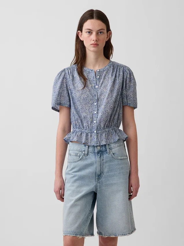 Button-Front Crop Peplum Top