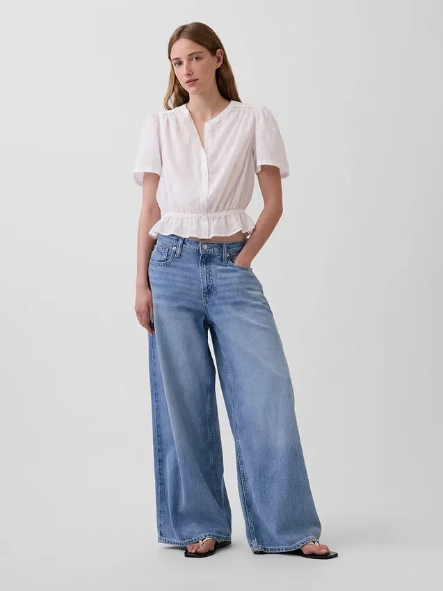 Button-Front Crop Peplum Top
