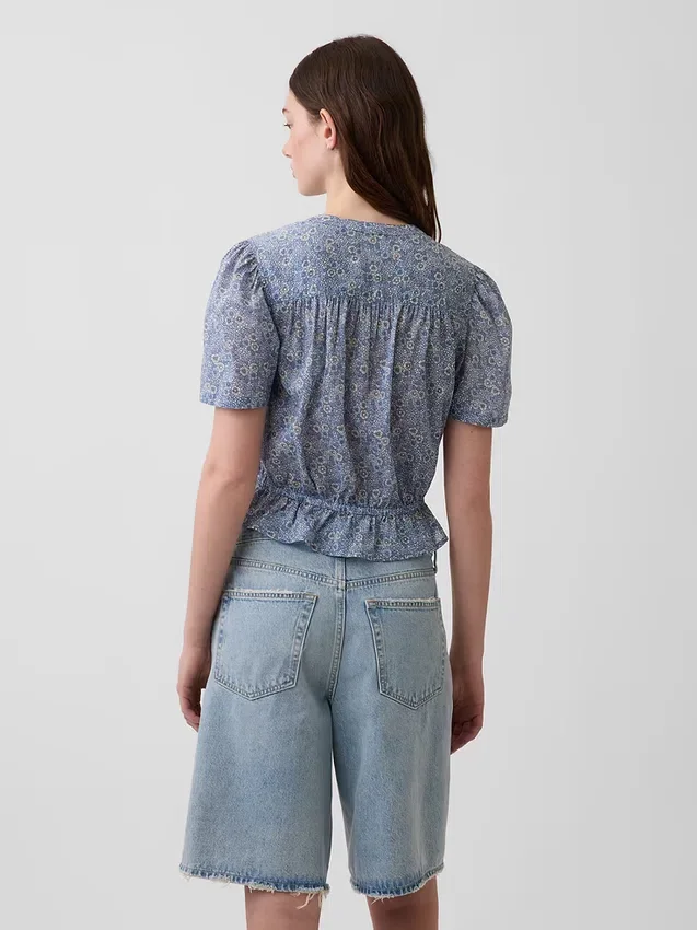 Button-Front Crop Peplum Top