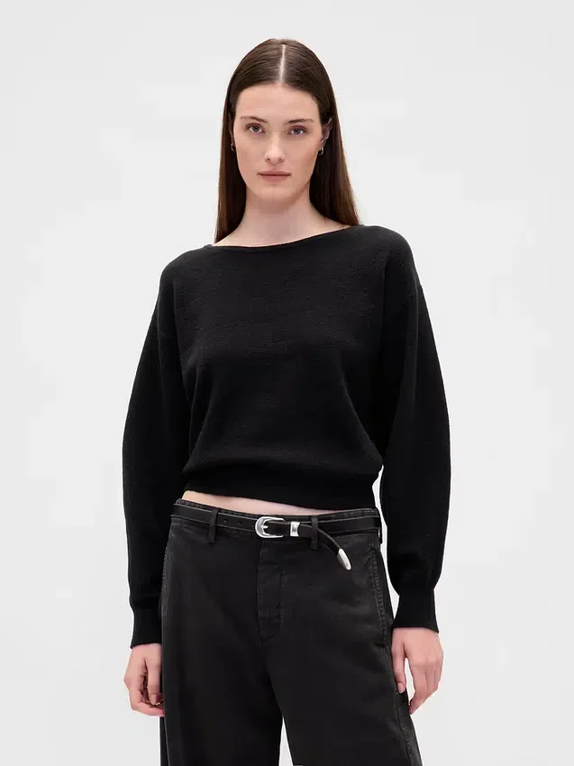 Cashsoft Stretch Lantern-Sleeve Crop Sweater
