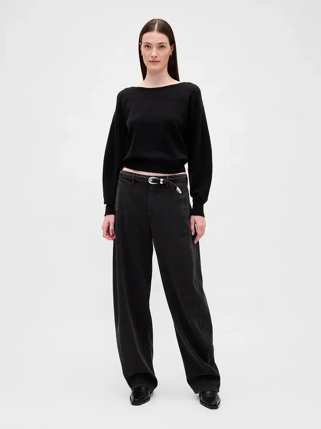 Cashsoft Stretch Lantern-Sleeve Crop Sweater