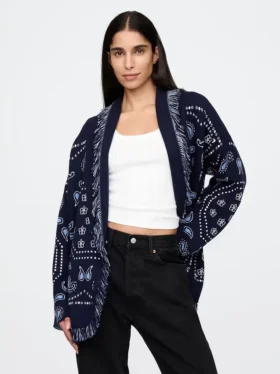 Cotton-Blend Fringe Shawl Cardigan