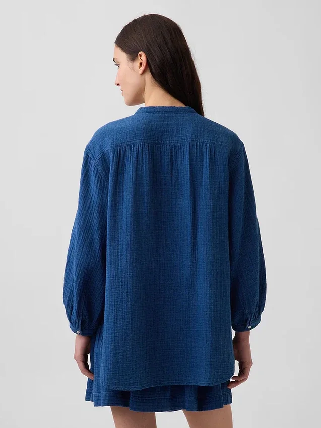 Cotton Gauze Denim Oversized Collarless Shirt