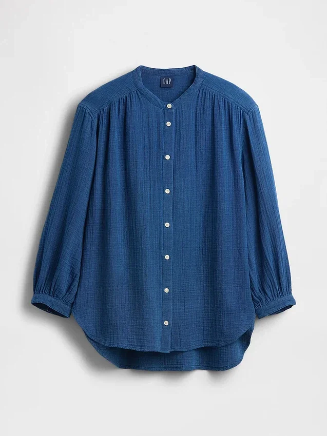 Cotton Gauze Denim Oversized Collarless Shirt