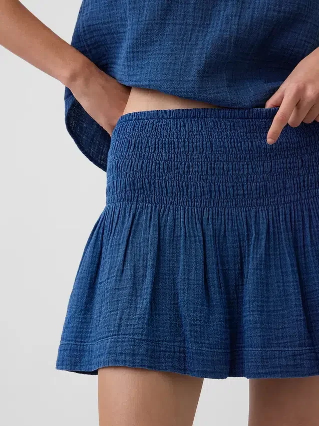 Cotton Gauze Denim Smocked-Waist Mini Skort