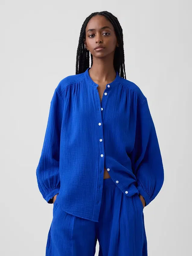 Cotton Gauze Oversized Collarless Shirt
