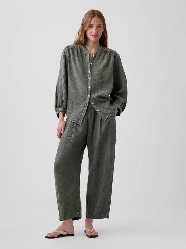 Cotton Gauze Oversized Collarless Shirt