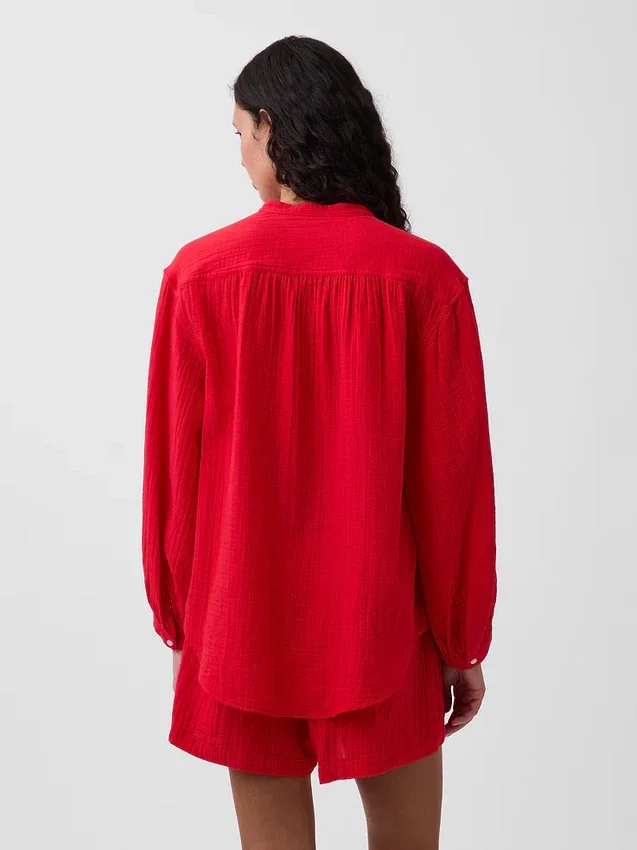 Cotton Gauze Oversized Collarless Shirt