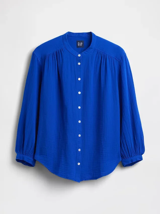 Cotton Gauze Oversized Collarless Shirt