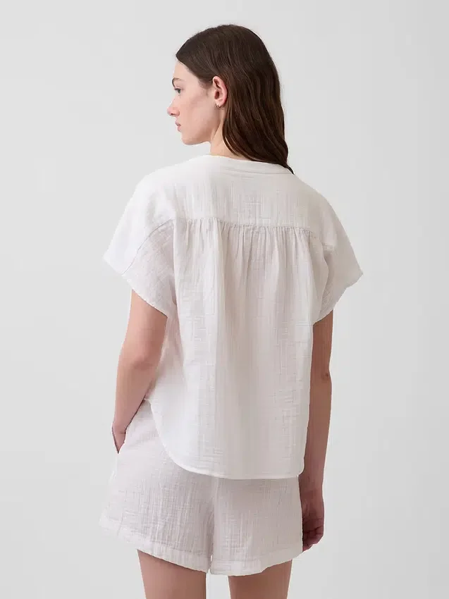Cotton Gauze Oversized Split-Neck Top
