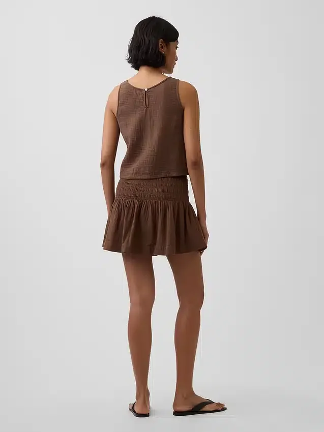 Cotton Gauze Smocked-Waist Mini Skort