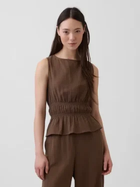 Cotton Gauze Smocked-Waist Peplum Top
