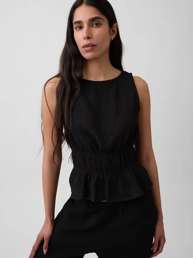 Cotton Gauze Smocked-Waist Peplum Top