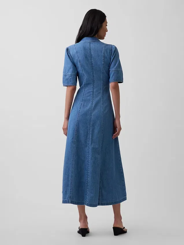 Denim Barrel-Sleeve Midi Shirtdress