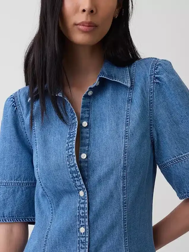 Denim Barrel-Sleeve Midi Shirtdress