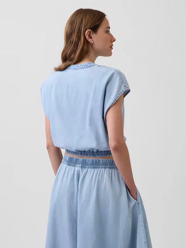 Denim Cap-Sleeve Crop Button-Front Top