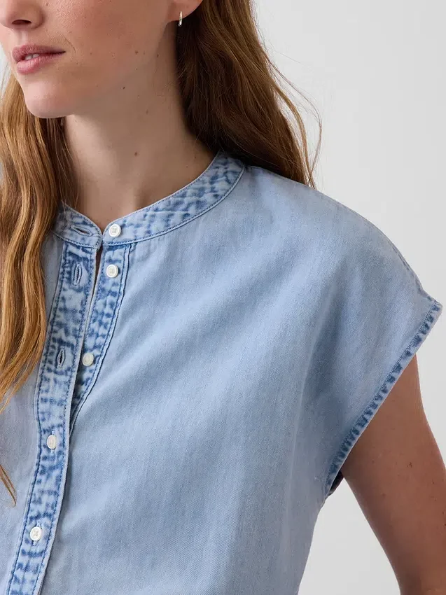 Denim Cap-Sleeve Crop Button-Front Top