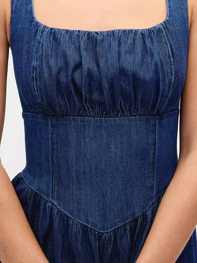 Denim Drop-Waist Corset Midi Dress