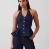 Denim Fitted Halter Peplum Top