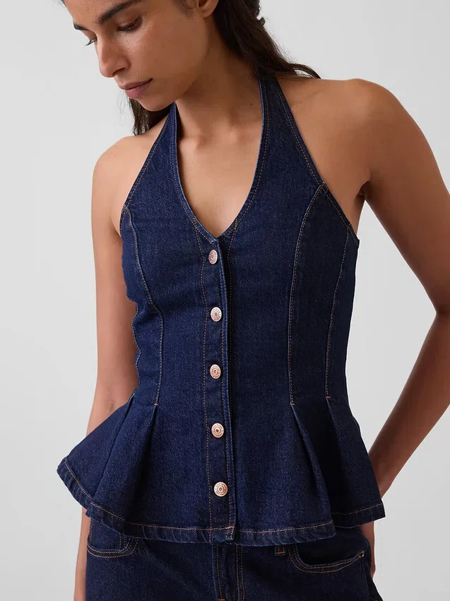 Denim Fitted Halter Peplum Top