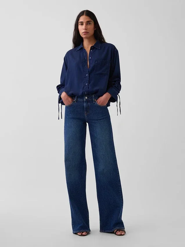 Denim Oversized Ruched-Sleeve Shirt