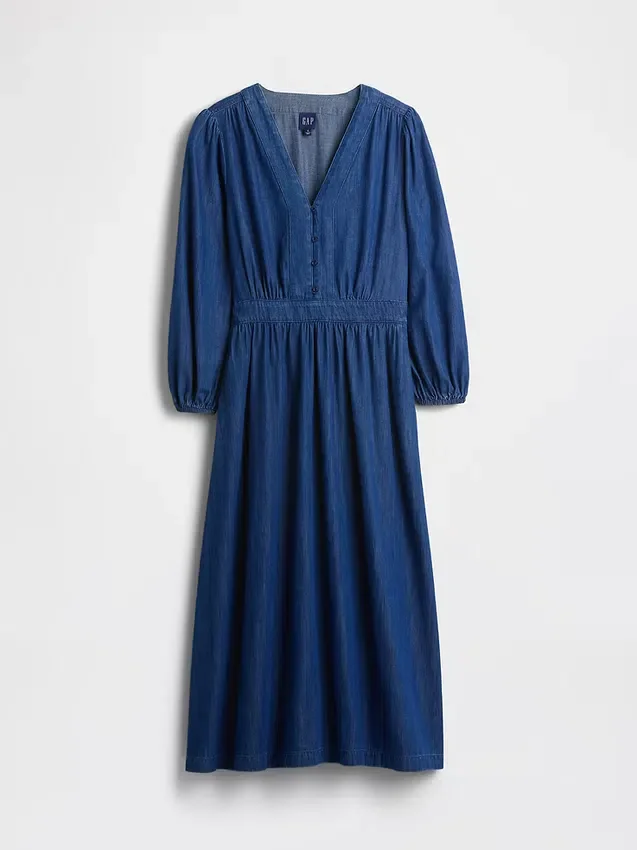 Denim Pieced-Waist Midi Dress