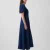 Denim Puff-Sleeve Button-Front Maxi Dress