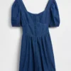 Denim Puff-Sleeve Sweetheart Mini Dress