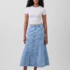 Denim Seamed Button-Front Maxi Skirt
