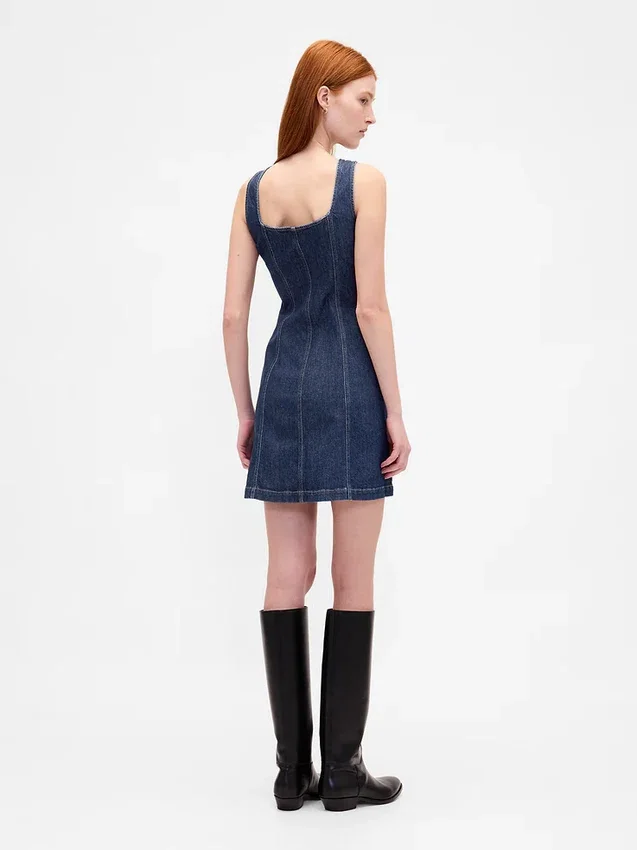 Denim Seamed Button-Front Mini Dress