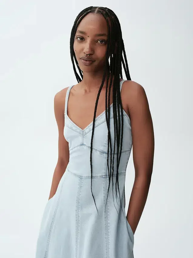 Denim Seamed Corset Maxi Dress