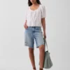 Elbow-Sleeve Crop Pintuck Top