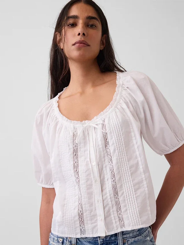 Elbow-Sleeve Crop Pintuck Top
