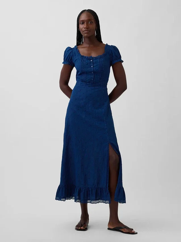 Embroidered Puff-Sleeve Maxi Dress