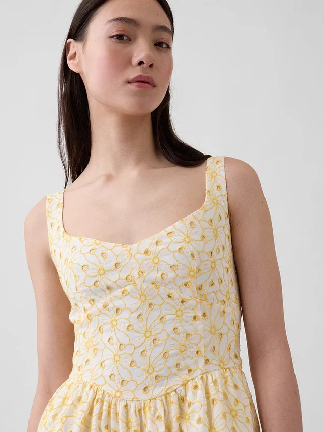 Eyelet Seamed Drop-Waist Maxi Dress