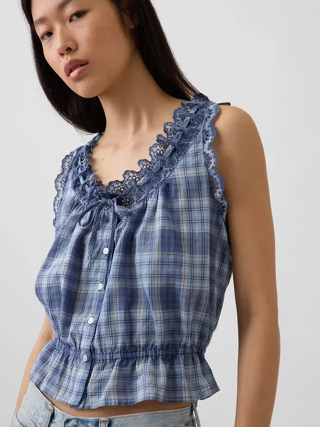 Eyelet Tie-Front Crop Peplum Top