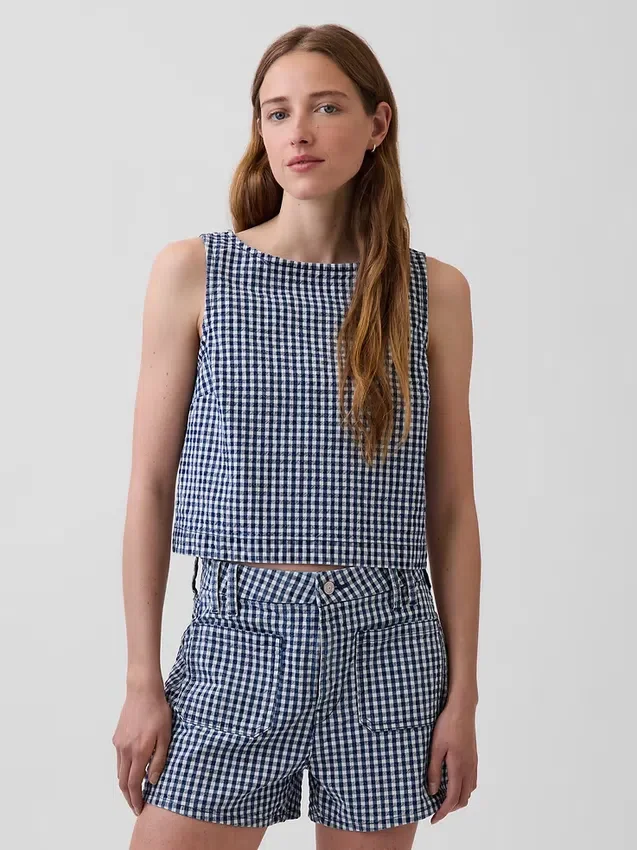 Gingham Denim Crop Shell Tank Top