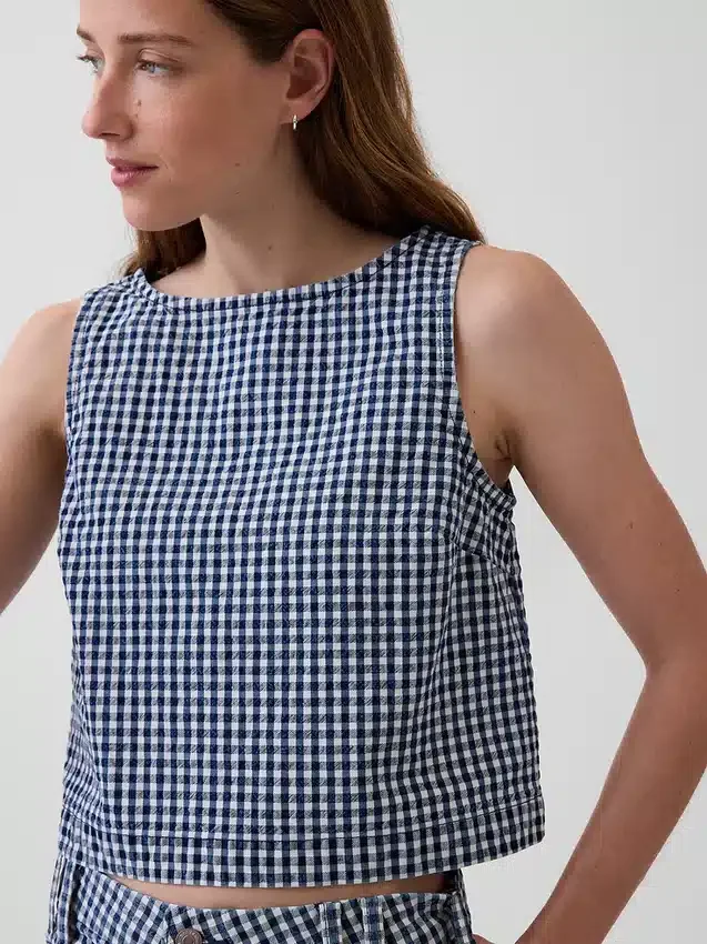 Gingham Denim Crop Shell Tank Top