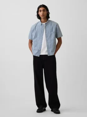 Gingham Denim Relaxed Straight-Hem Shirt