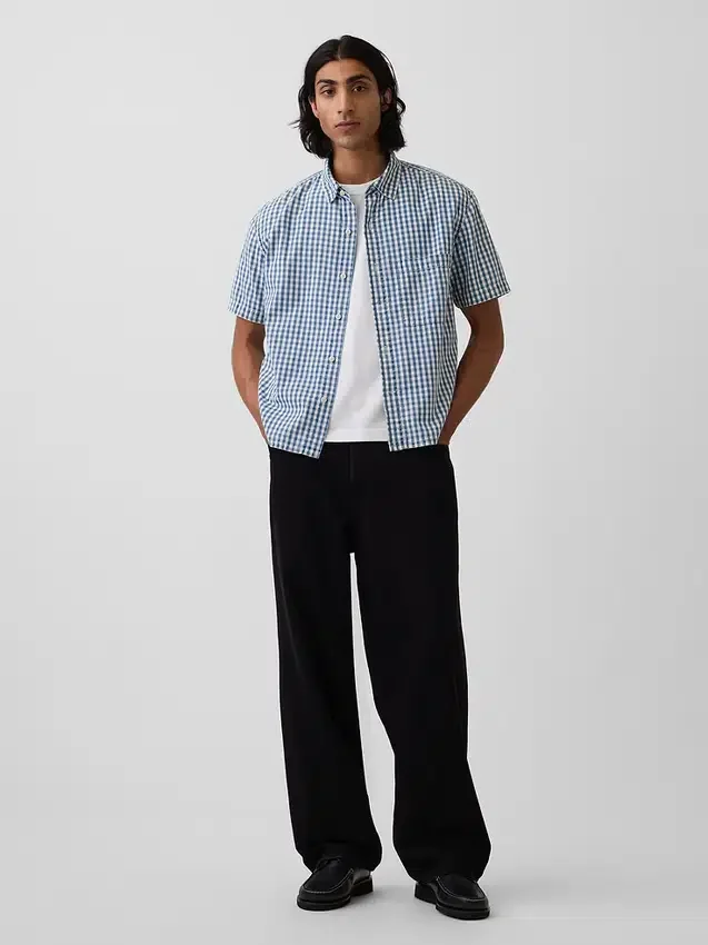 Gingham Denim Relaxed Straight-Hem Shirt