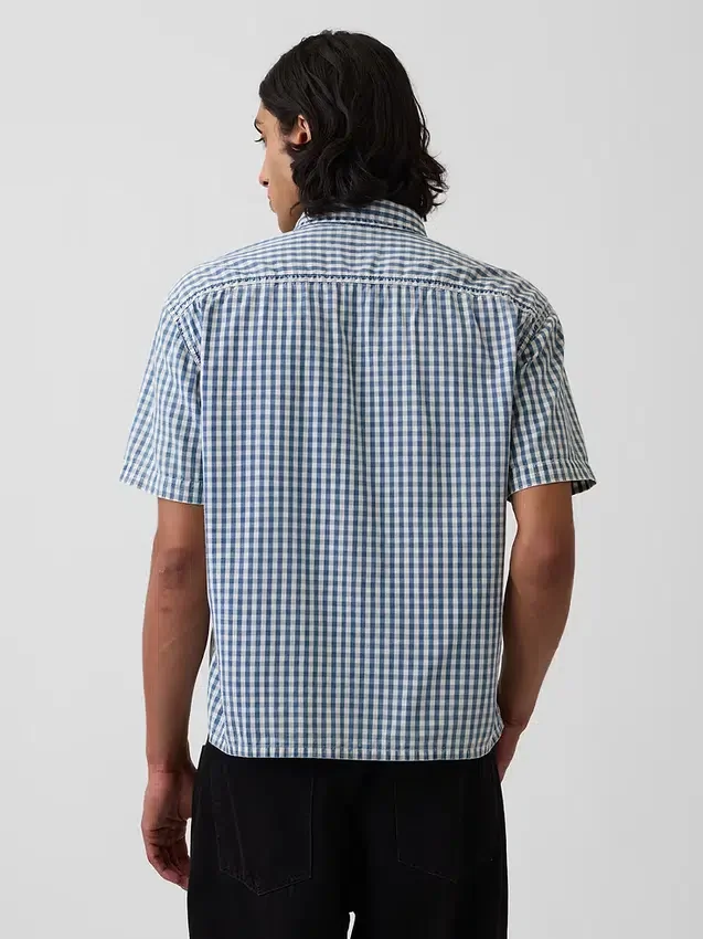 Gingham Denim Relaxed Straight-Hem Shirt