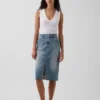 High Rise Denim Midi Pencil Skirt