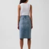 High Rise Denim Midi Pencil Skirt