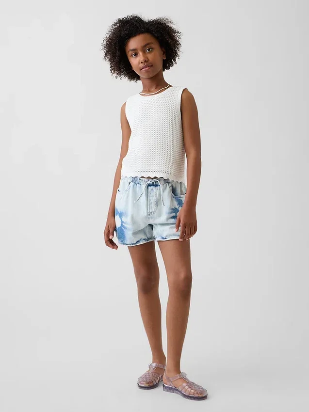 Kids High Rise Tie-Dye Denim Easy Shorts