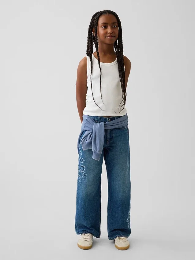 Kids Low Rise Stride Embroidered Floral Wide-Leg Jeans