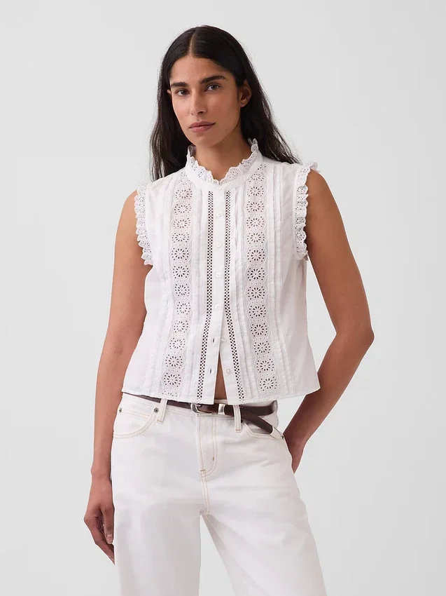 Lace-Trim Pintuck Button-Front Top