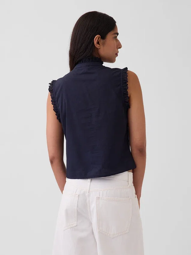 Lace-Trim Pintuck Button-Front Top