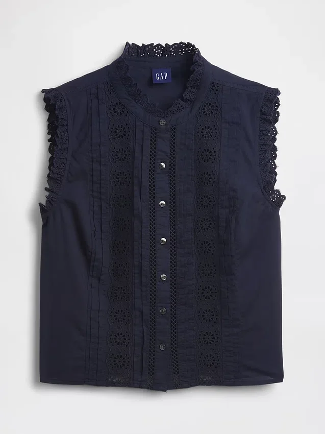 Lace-Trim Pintuck Button-Front Top