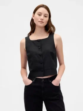 Linen-Blend Button-Front Shell Top
